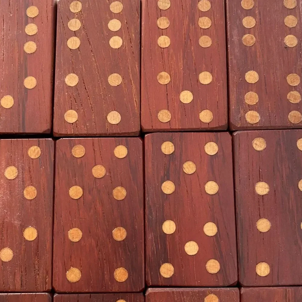 Vintage Wooden Dominoes Set Double 6 Handcrafted Red Wood 28 Tiles Velvet Bag
